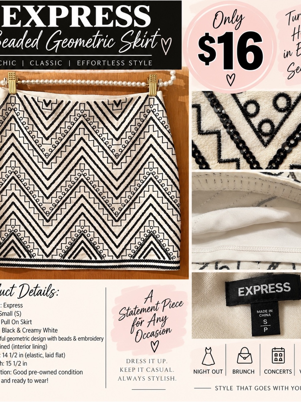 Express Black & Cream Beaded Geometric Design Bling Skirt